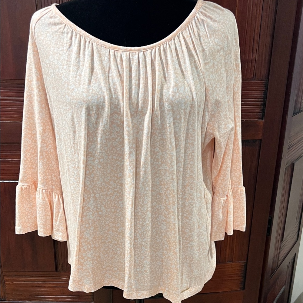 Michael Kors Peach and White Floral Ruffle Sleeve Blouse, L